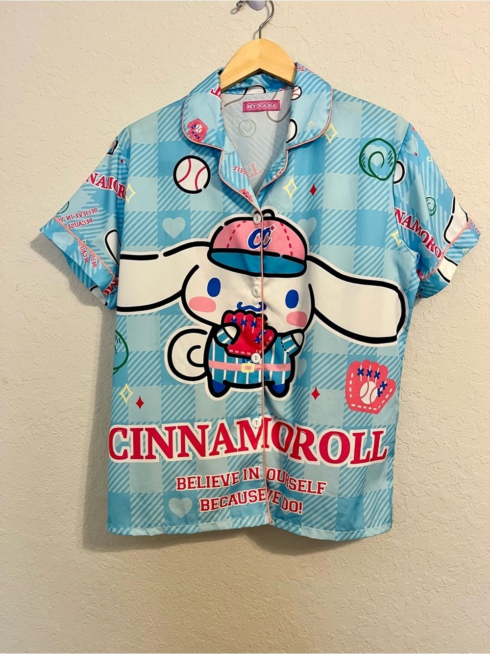 Cinnamoroll Baseball Pajama Top Blue Kawaii Sanrio Sleep Shirt Harajuku Tunic XL